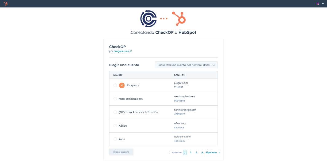 elegir cuenta hubspot